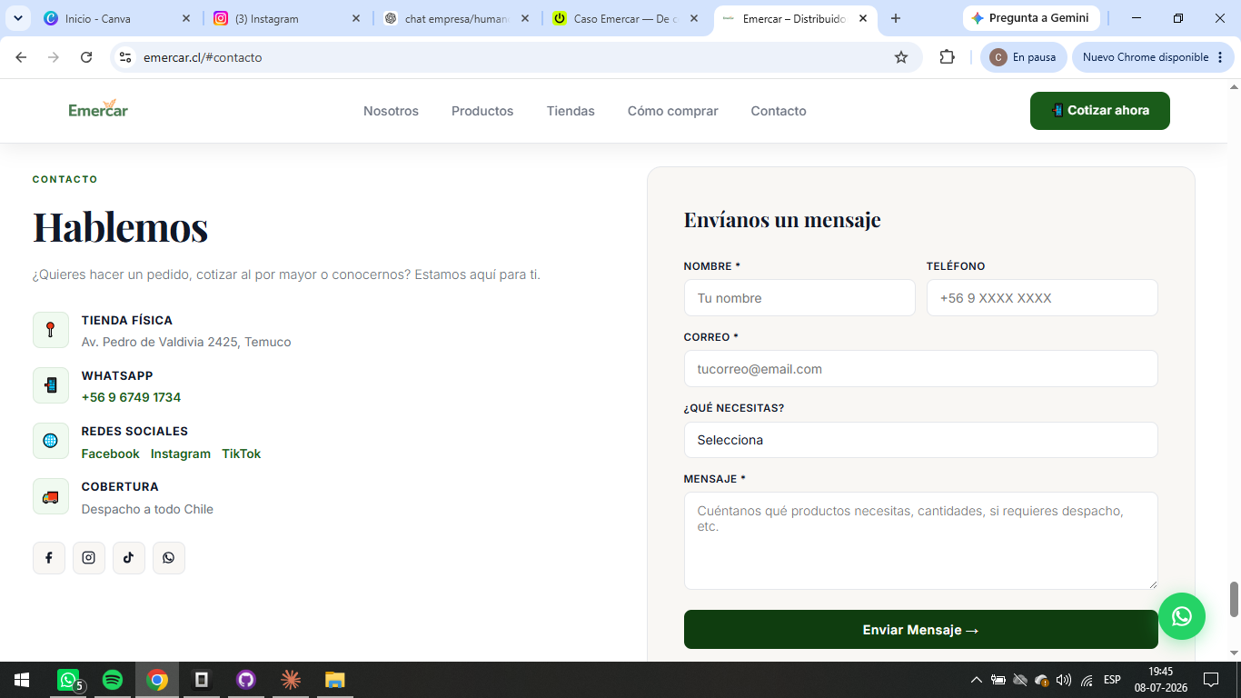 Sección de contacto Emercar